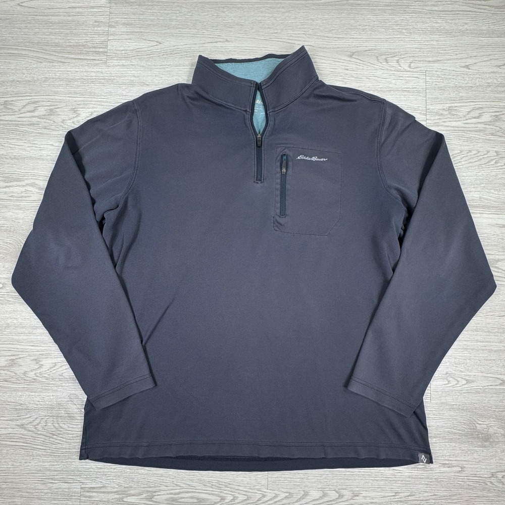 Eddie Bauer Mens Pullover Travex Quarter Zip‎ Navy Blue Large Zipper Pocket